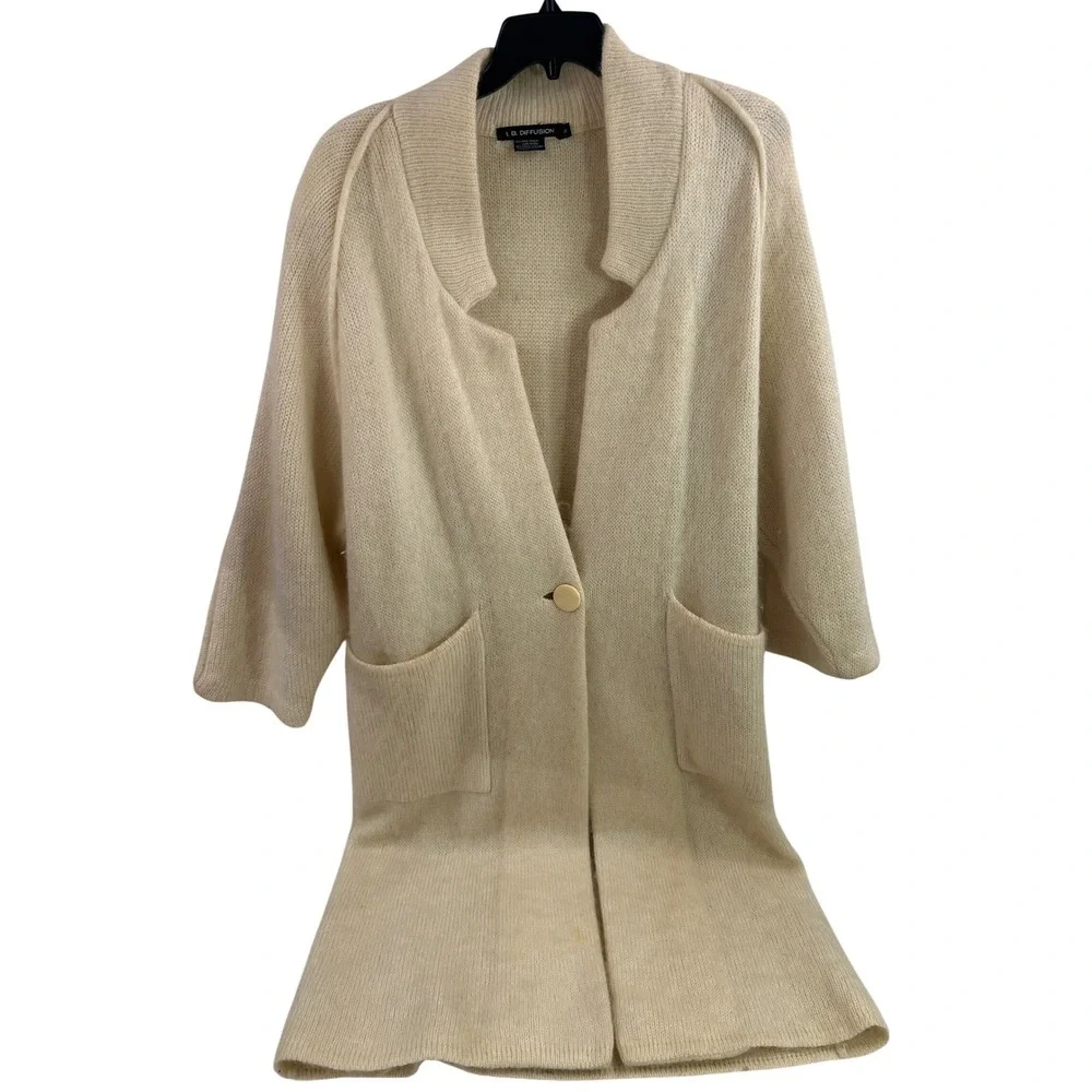 L.B. Diffusion VTG Longline Cardigan S Cream Wool Mohair Shawl Collar Womens